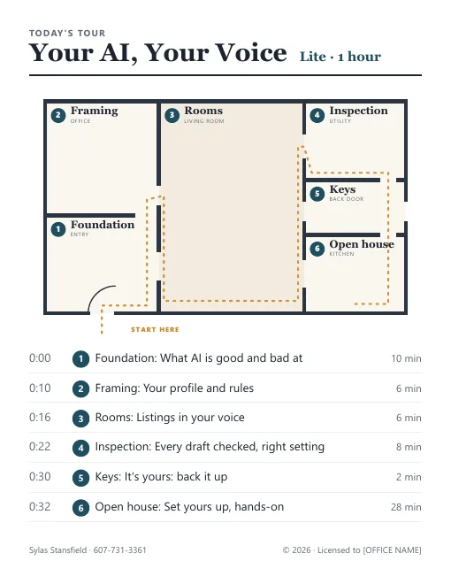 Training agenda card: today's tour, with six stops from Foundation to Open house